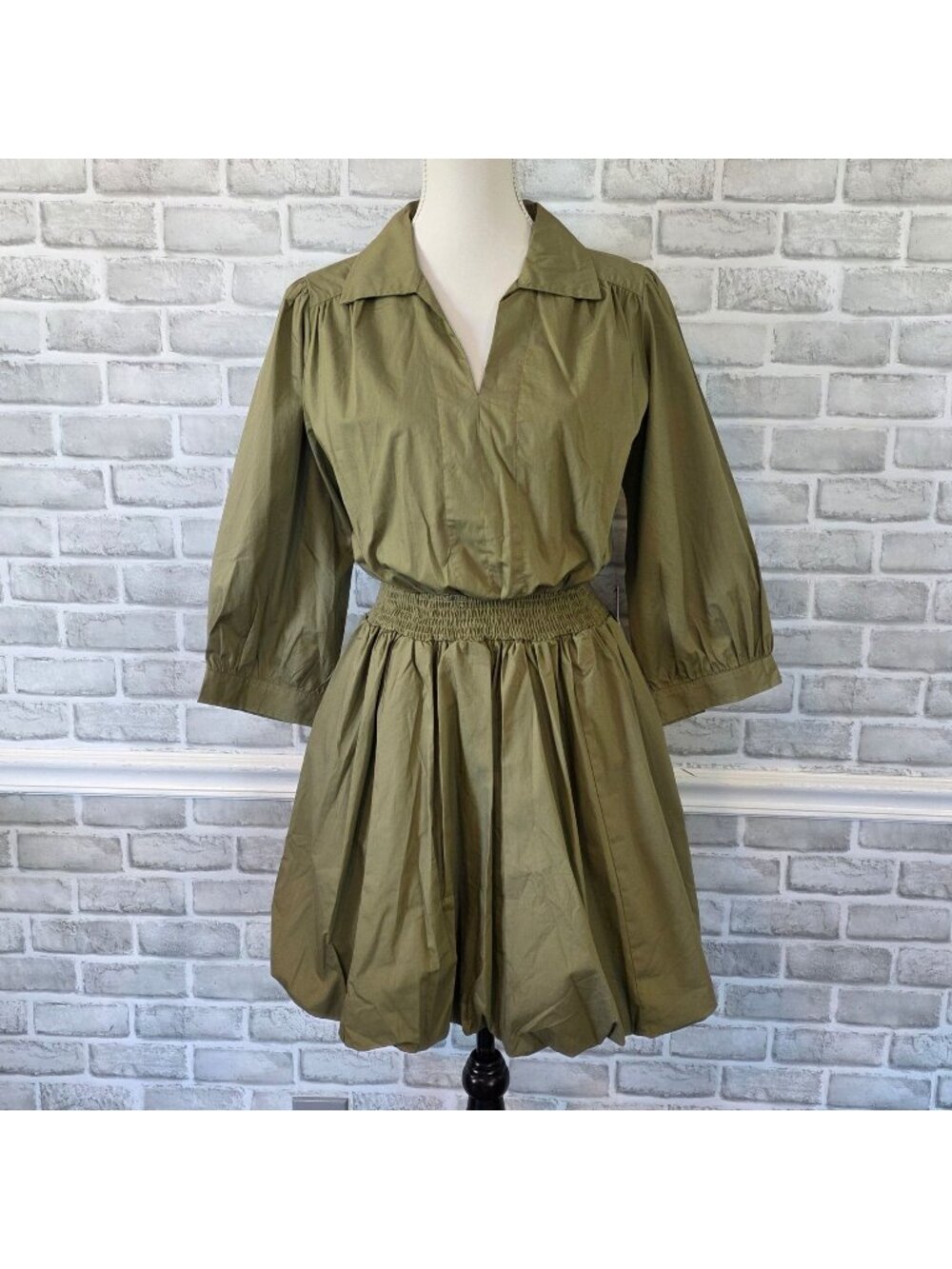 NWT Böhme Smocked Johnny Collar Bubble Hem Mini Dress Cotton Utility Romcore L